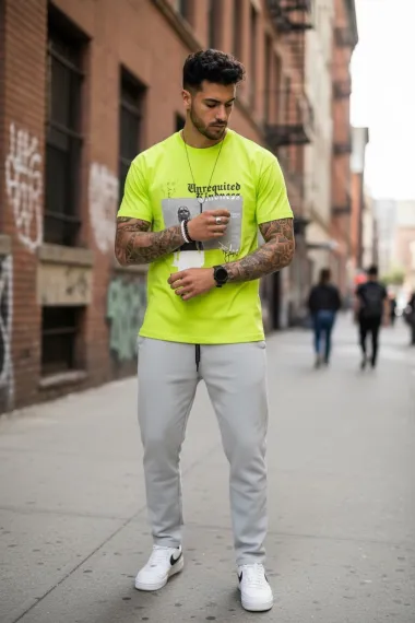 Tricou barbati galben neon, cu imprimeu, slim Y205 22A-5.2